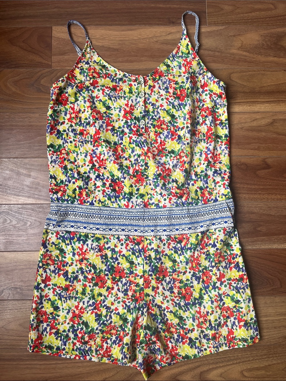 CAbi Multicolor Floral Print Romper Summer Pockets Button Adjustable Strap SizeM